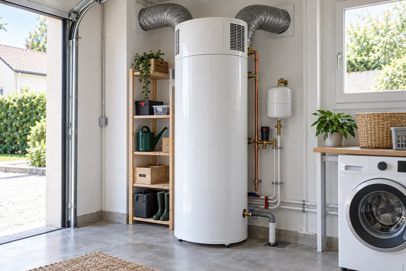 Chauffe-eau thermodynamique installé dans un garage-buanderie avec ses gaines d'air raccordées