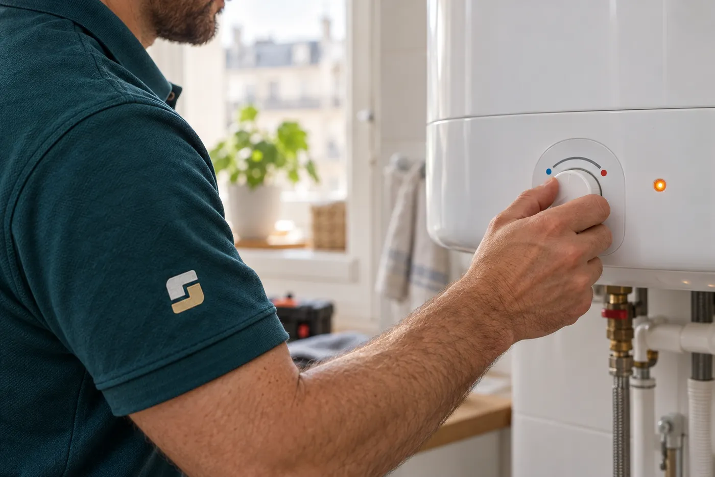 Réglage du bouton de température sur la façade d'un chauffe-eau électrique