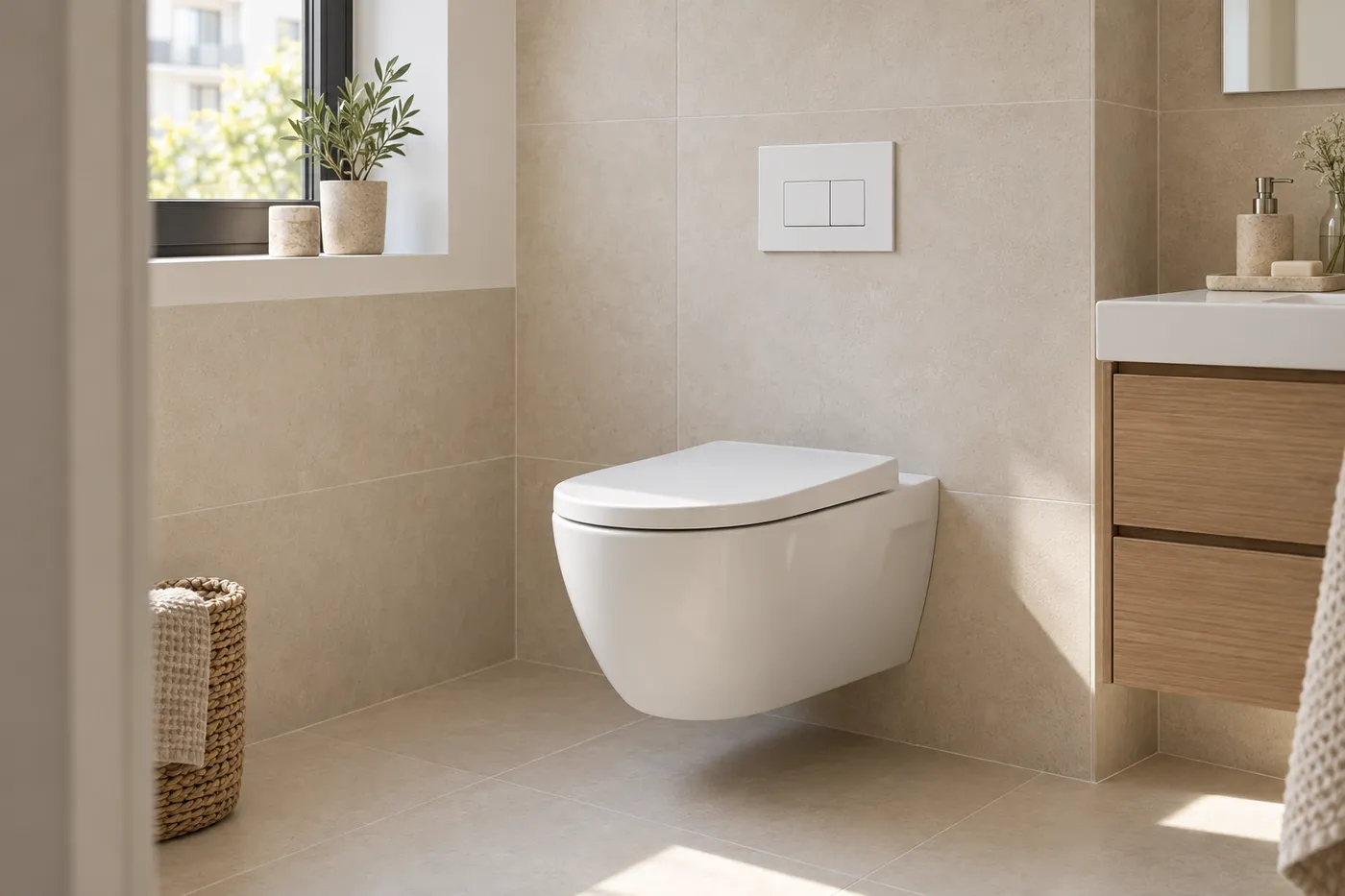 WC suspendu et plaque de commande double chasse dans une salle de bain carrelée